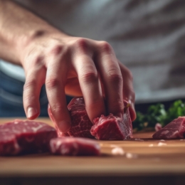 hands and a knife cutting raw beef