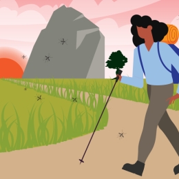 cartoon image of woman hiking on a trail with a rock and grass near by