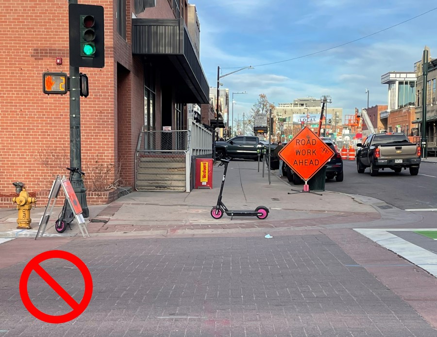 An example of incorrect parking - don’t park blocking crosswalks or curb ramps