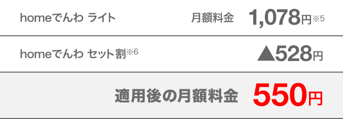 homeでんわライト 月額料金 1,078円（税込）※5 homeでんわセット割※6 月額528円割引（税込） 適用後の月額料金 550円（税込）