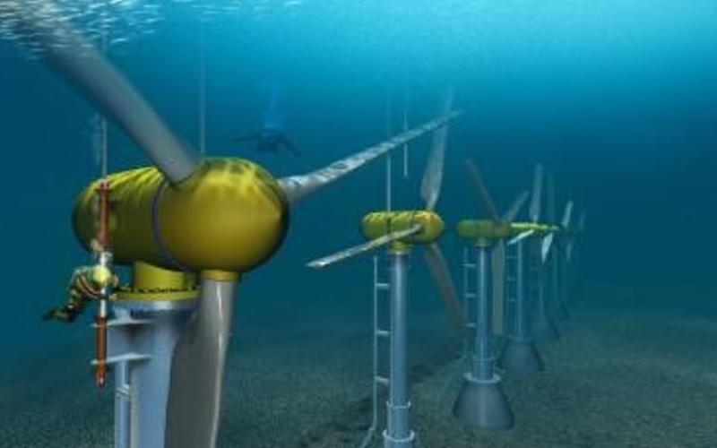 Underwater turbines capture energy from ocean currents.