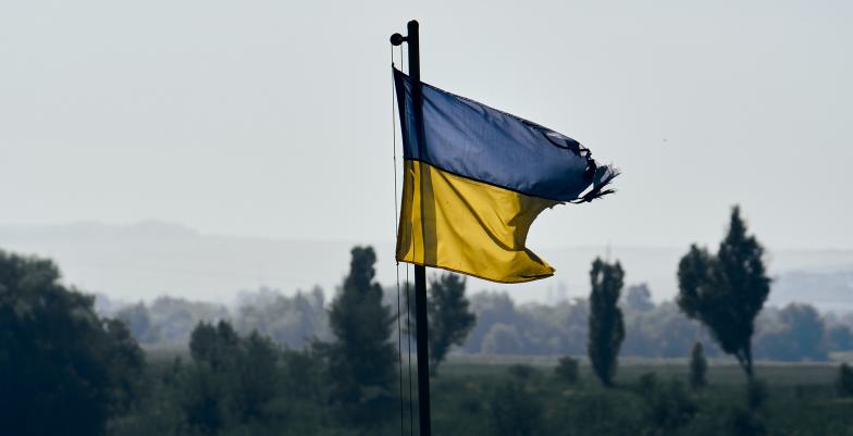 Tattered Ukraininan flag flies above a battlefield on a grey day.