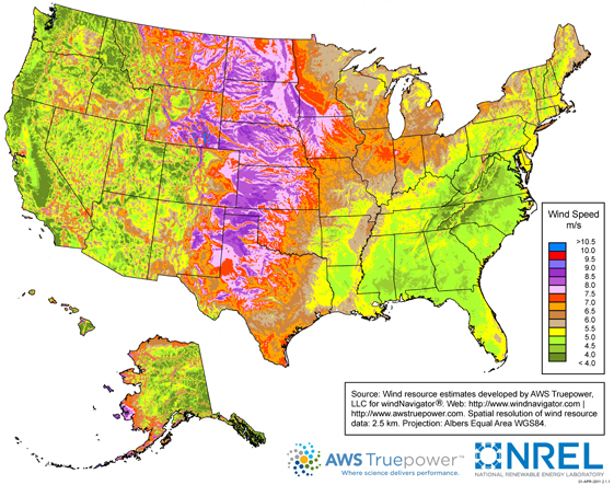 map of Wind speeds at 80 meters above ground, as described in the article text