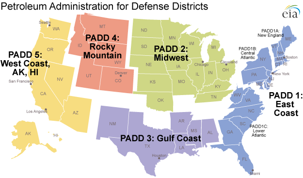 map of Petroleum Administration for Defense Districts, as described in the article text