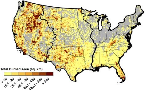 Map showing the majority of the U.S. has some areas burned to some degree based on data on wildfires greater than 0.202 km2 (50-ac) from 1992 to 2015 within a 20-km grid.