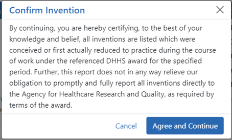 Confirm Invention popup screen attesting that all inventions are listed (AHRQ)