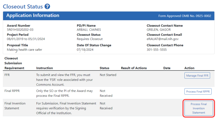 Closeout Status screen example showing the Process Final Invention Statement button