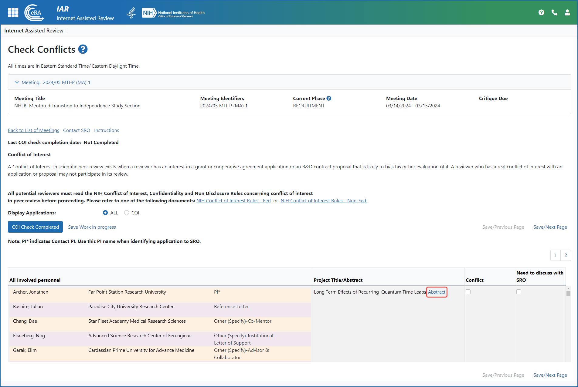 The Check Conflicts screen with abstracts for the applications