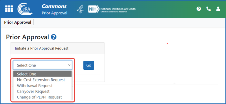 Figure 1: The Prior Approval screen showing the options for request types