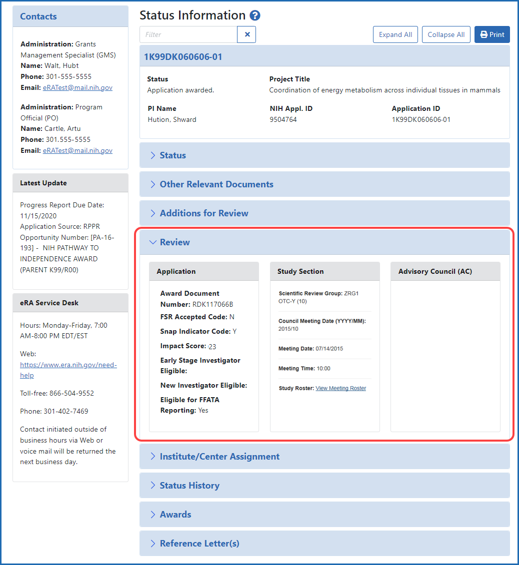 Figure 3: Detailed Status Information screen showing review information