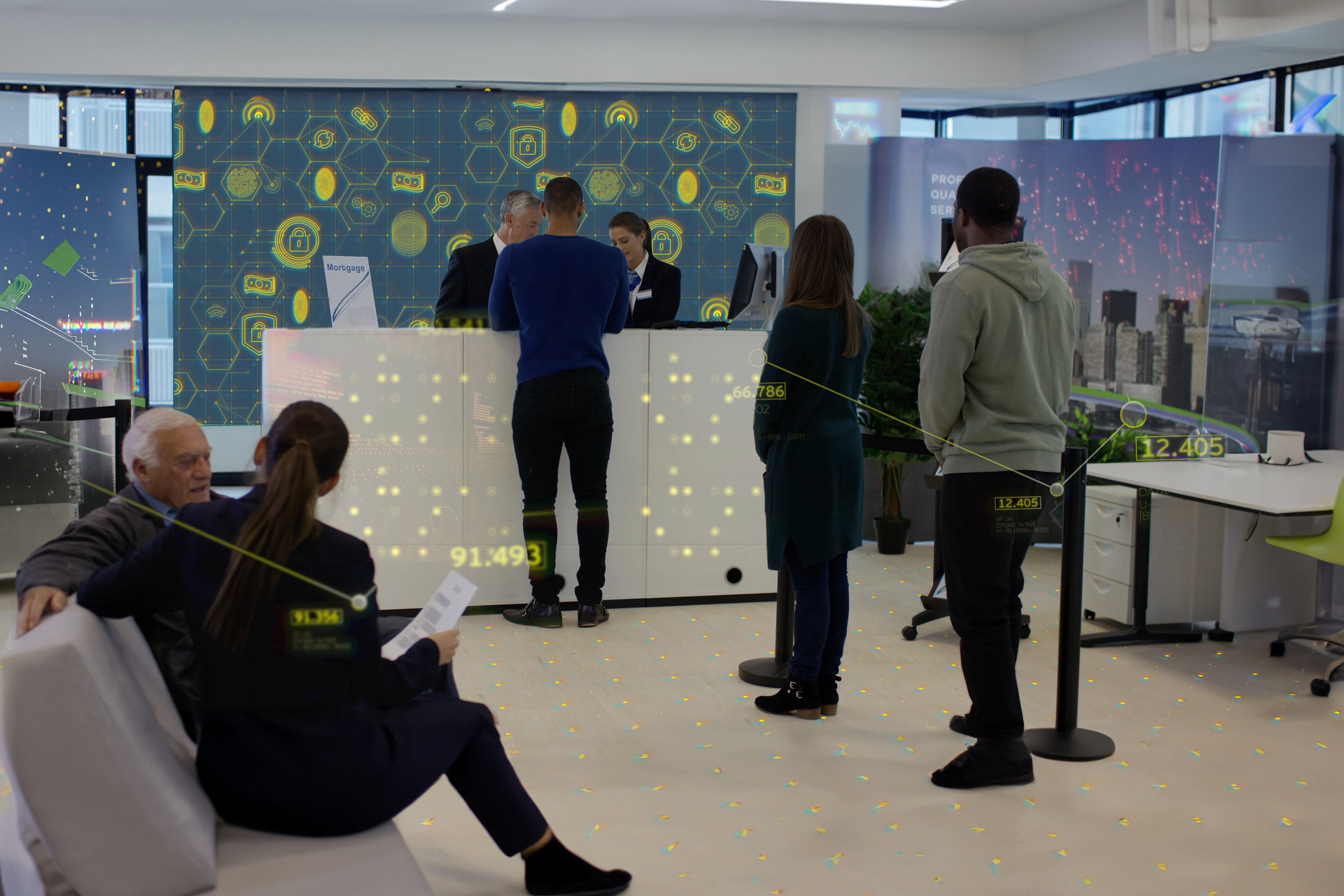 AI line of customers at a bank