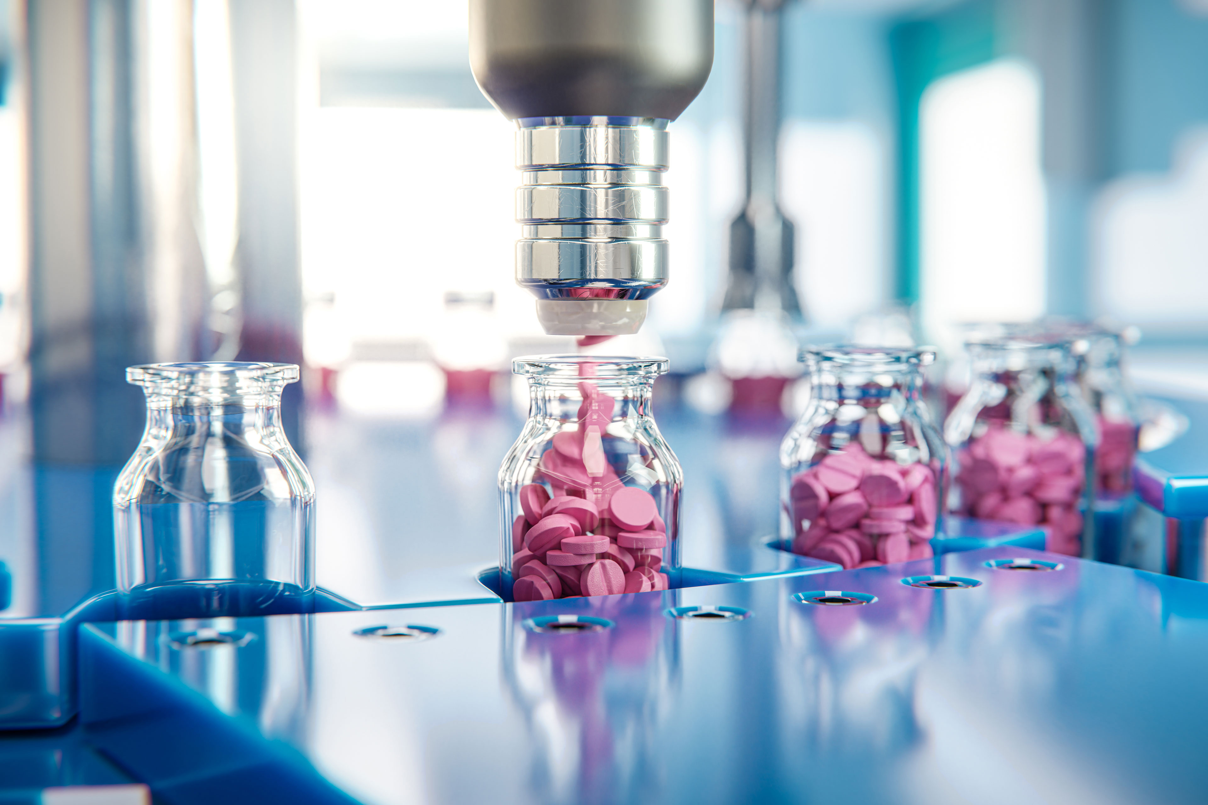 Jar filling with red tablets on a packaging line in a pharmaceutical factory - 3d illustration