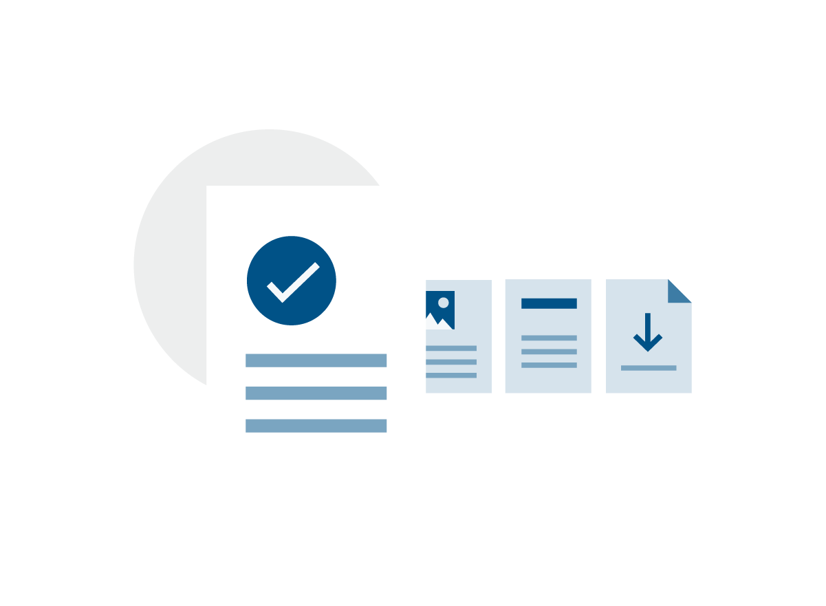 Illustration of documents fearing factsheet (checkmark), graphics, and download documents