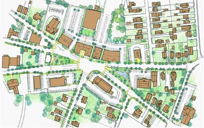 Description: Rendering of potential changes to the Five Corners intersection in Rotterdam, NY. The map illustrates a proposed alternative for development and access management at the intersection of five roads.