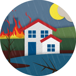 house with fire behind it and flooding water