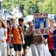 Pupils walked to brutalist buildings including the Barbican and  National Theatre to raise funds for their Hall for All campaign