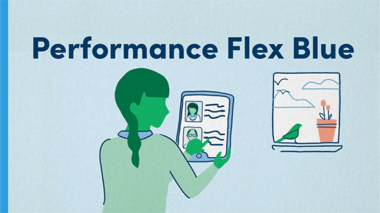 drawing of a woman holding a tablet device researching performance flex blue 