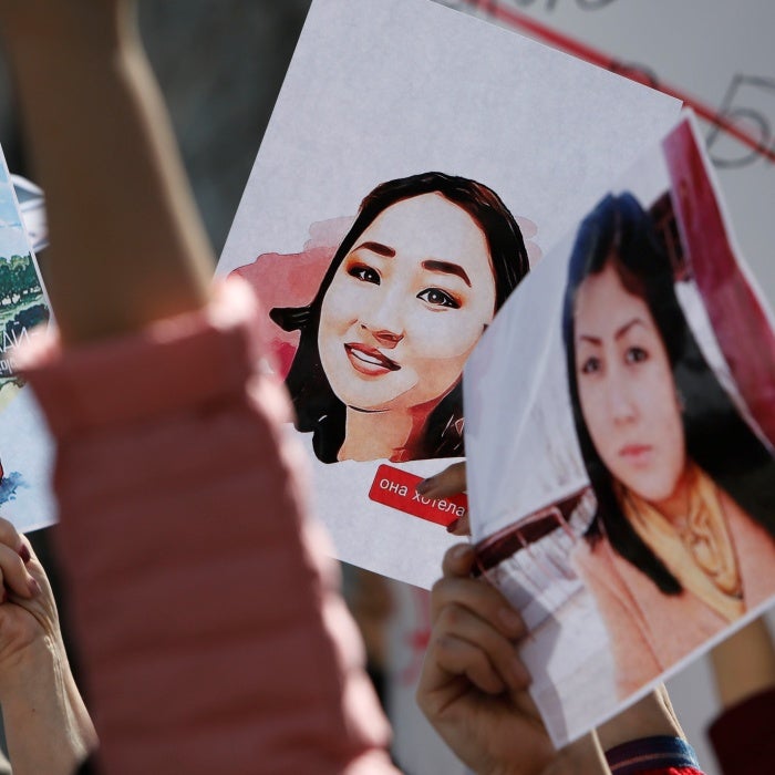 A rally outside Kyrgyzstan's Interior Ministry demanding the resignation of its leadership after the murder of kidnapped bride Aizada Kanatbekova amid alleged  inaction by the police, in Bishkek, April 8, 2021. 