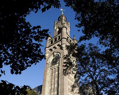 View of the tower of the Peace palace through the trees