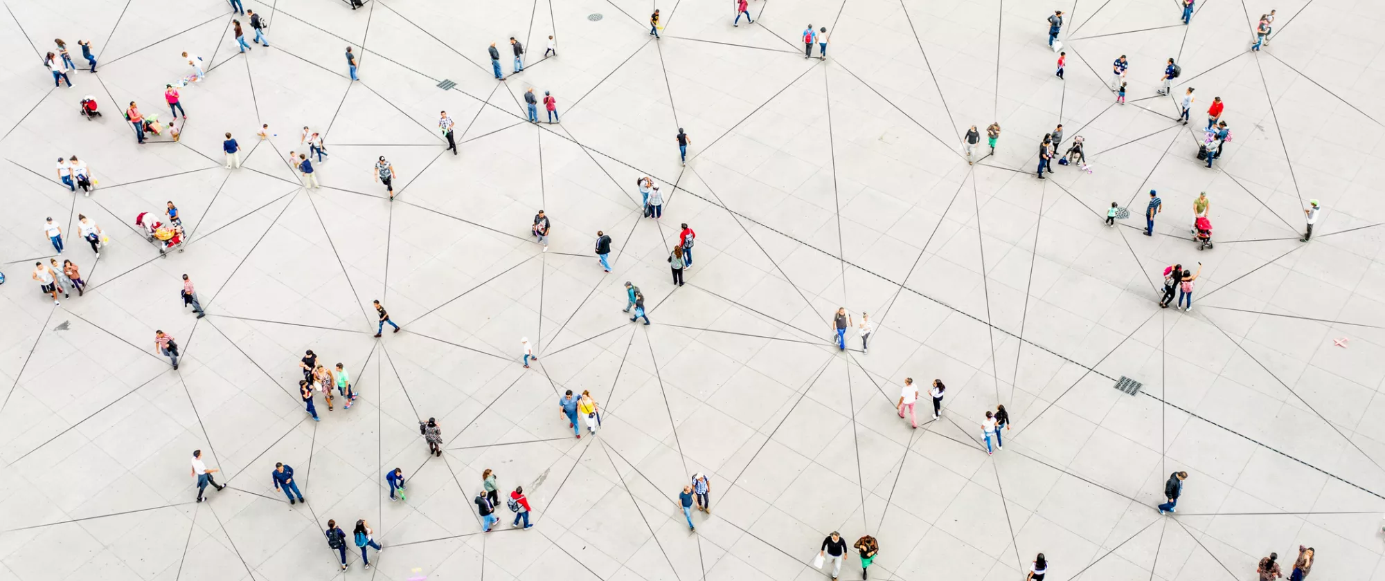Illustration of an aerial view of people connected by threads