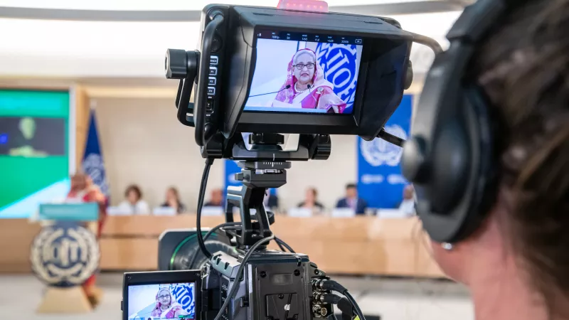 Close up of a screen on a video camera, while the camera operator is filming. On the screen you see H.E. Sheikh Hasina, Prime Minister, Bangladesh.