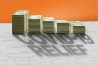 Five stacks of dollars of descending heights on an orange background with a shadow that reads "COVID-19 relief."