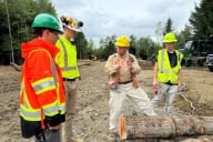 Three students in hard hats and neon vests stand around their instructor, standing behind a row of logs and gesticulating.