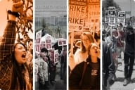 A photo illustration containing four photographs of academic workers on strike.