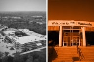 A photo of the University of Wisconsin–Milwaukee at Washington County campus on the left and a photo of the UW Waukesha campus on the right.