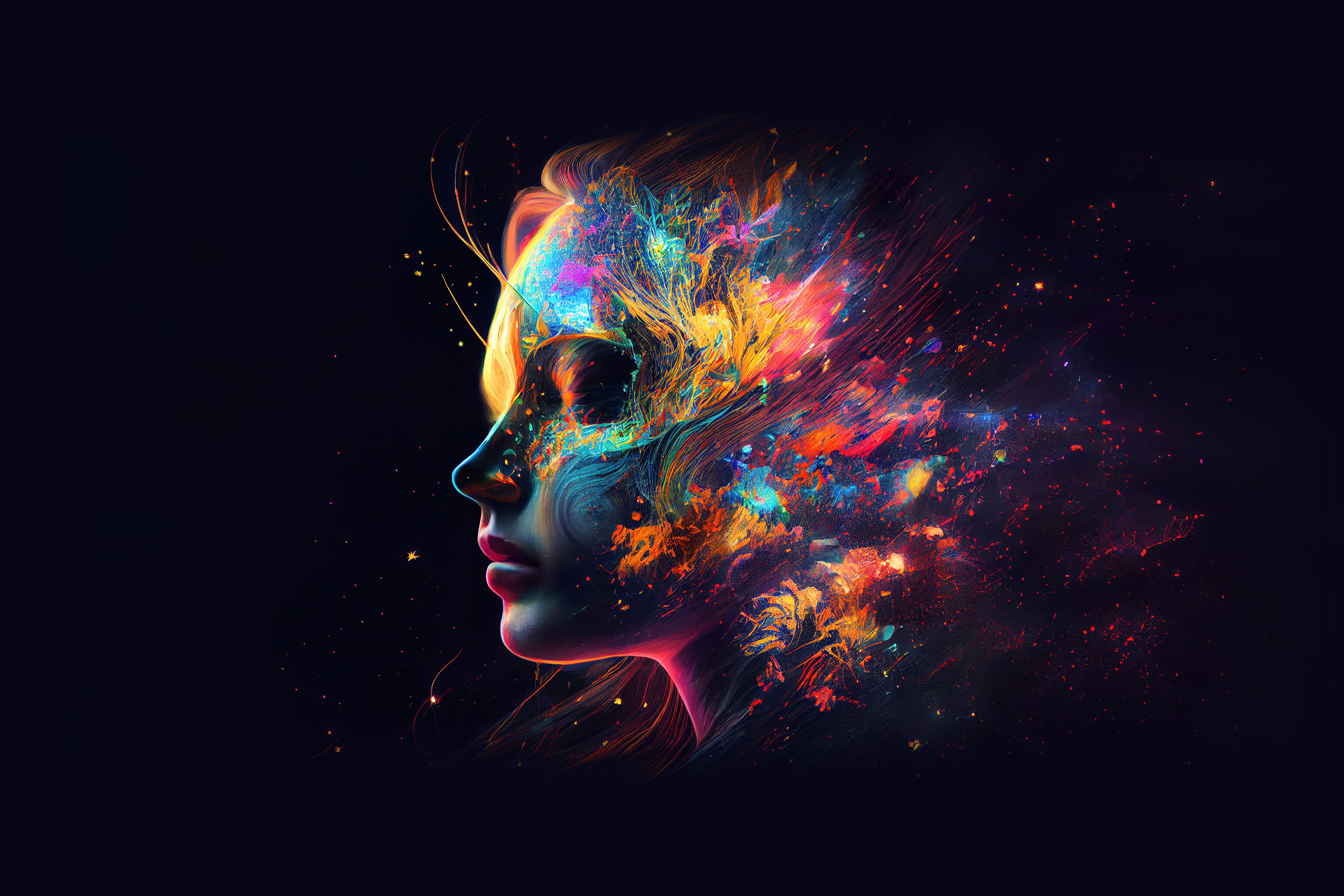 Image générée par l'IA d'une tête de femme contenant de l'art abstrait coloré