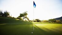 Golf ball next to flag on putting green