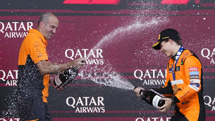 <p>TEAM WORK: McLaren driver Oscar Piastri, right, triumphed in Baku on Sunday. Picture: Sergei Grits/AP</p>