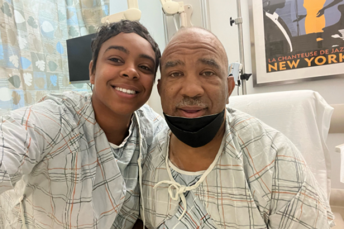 Niece Emerald Marie, living donor, and Uncle Calvin, kidney transplant recipient, posing together at the hospital