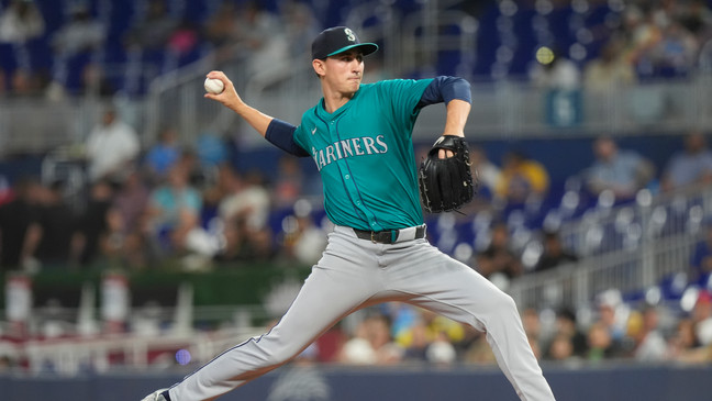 Seattle Mariners starting pitcher George Kirby (68) aims a pitch during the first inning of a baseball game against the Miami Marlins, Friday, June 21, 2024, in Miami. (AP Photo/Marta Lavandier)