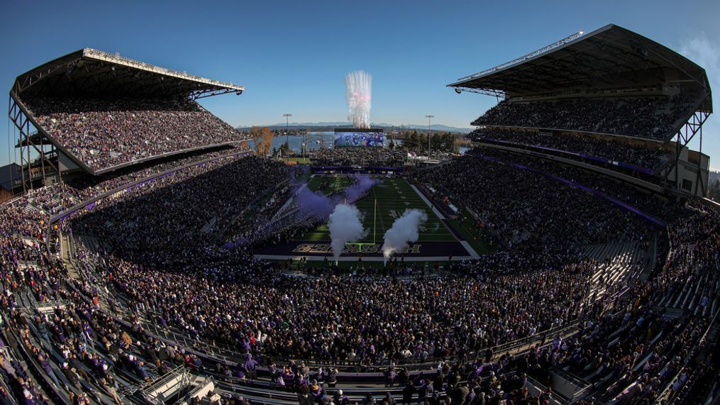 The Washington Huskies take the field before the game against the Washington State Cougars in the 115th Apple Cup at Husky Stadium on November 25, 2023 in Seattle, Washington. (Photo by Steph Chambers/Getty Images)