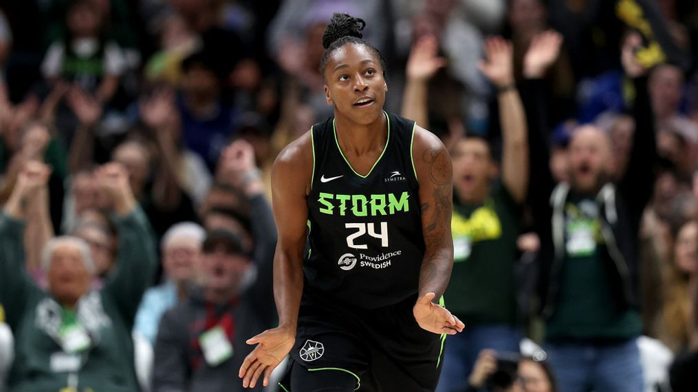 SEATTLE, WASHINGTON - JUNE 27: Jewell Loyd #24 of the Seattle Storm reacts after her three point basket against the Indiana Fever during the first quarter at Climate Pledge Arena on June 27, 2024 in Seattle, Washington. NOTE TO USER: User expressly acknowledges and agrees that, by downloading and or using this photograph, User is consenting to the terms and conditions of the Getty Images License Agreement. (Photo by Steph Chambers/Getty Images)