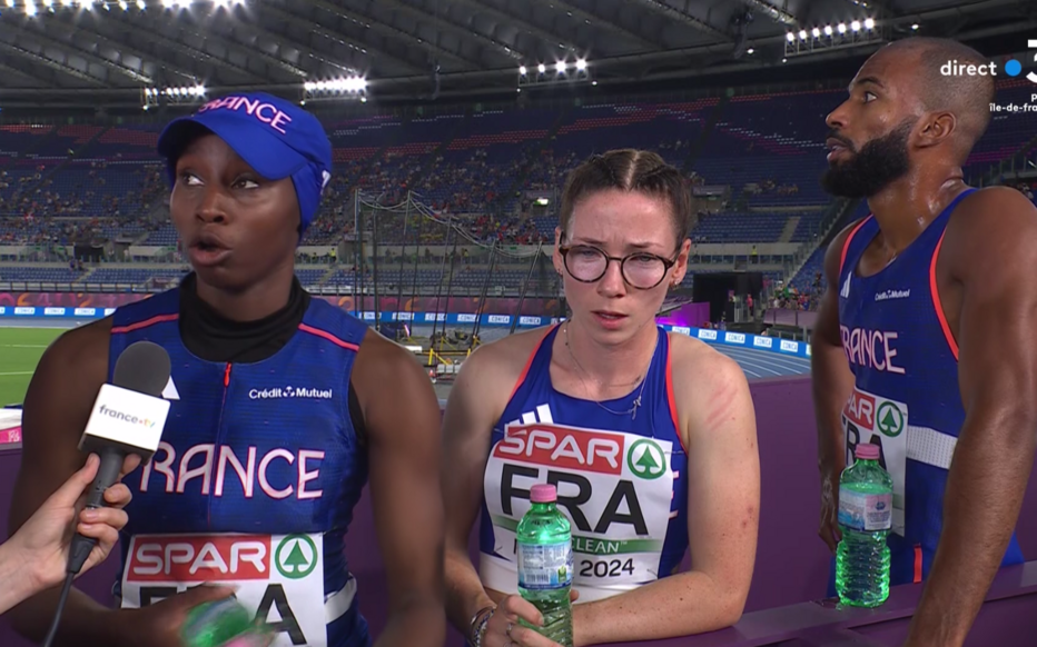 Sounkamba Sylla, ici au micro de France Télévision après la course, a participé au relais coiffée d'une casquette. (France TV)