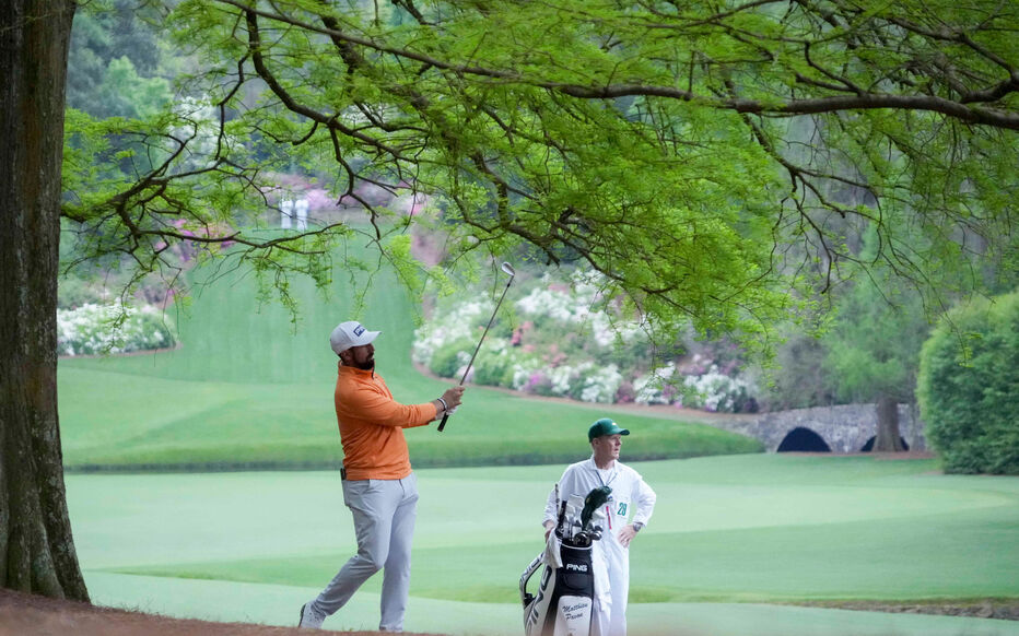 Matthieu Pavon, ce mercredi, en partie d'entraînement sur le mythique parcours d'Augusta en Géorgie. C'est la première fois qu'il jouera en compétition officielle ici. SUSA/Icon Sport