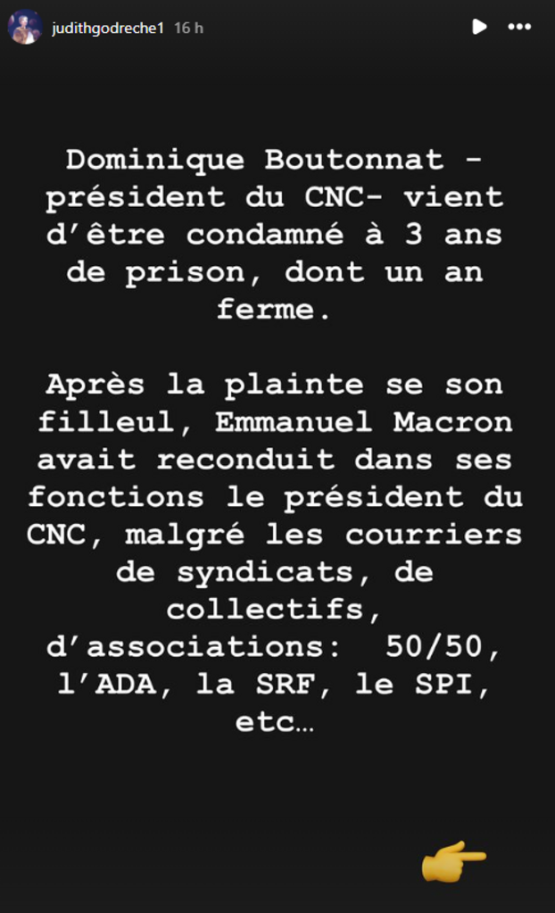 L'actrice Judith Godrèche, fer de lance d'une deuxième vague du mouvement MeToo dans le cinéma, a reproché sur Instagram à Emmanuel Macron et Rachida Dati d'avoir soutenu Dominique Boutonnat jusqu'au dernier moment.