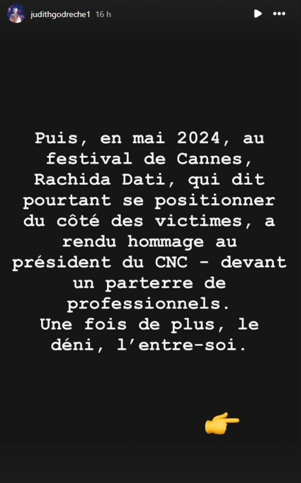 L'actrice Judith Godrèche, fer de lance d'une deuxième vague du mouvement MeToo dans le cinéma, a reproché sur Instagram à Emmanuel Macron et Rachida Dati d'avoir soutenu Dominique Boutonnat jusqu'au dernier moment.