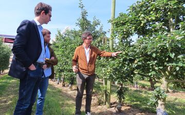 Chèvreville (Oise), juillet 2024. Alexandre Prot (à droite), le gérant des vergers de Sennevières s'est entouré des spécialistes de l'entreprise Hellio pour mener à bien la rénovation énergétique de son exploitation. LP/Hervé Sénamaud