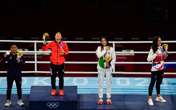 Le podium des poids plumes féminines lors des JO de Tokyo, en 2021.
