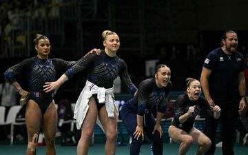 La gymnaste Marine Boyer et ses coéquipières ont remporté la médaille de bronze par équipe aux Championnats d’Europe ce dimanche 5 mai en Italie, huit mois après le bronze mondial et à moins de trois mois des Jeux olympiques. AFP/ Gabriel Bouys