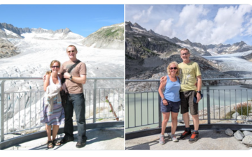 Duncan et Helen Porter ont pris la première photo sur le glacier du Rhône, à gauche, en août 2009 et la seconde, à droite, en août 2024. Capture d'écran X/Duncan Porter