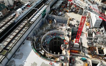 Saint-Maur-des-Fossés (Val-de-Marne). Vue aérienne du puits de 52 m de profondeur du chantier de la station de Saint-Maur - Créteil, future gare de la ligne 15 Sud. DR/Société des Grands Projets