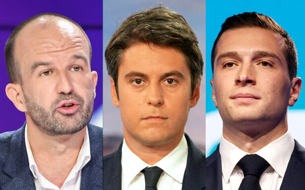 Manuel Bompard, Gabriel Attal, Jordan Bardella débattront le 25 juin sur TF1. AFP/Zakaria Abdelkafi