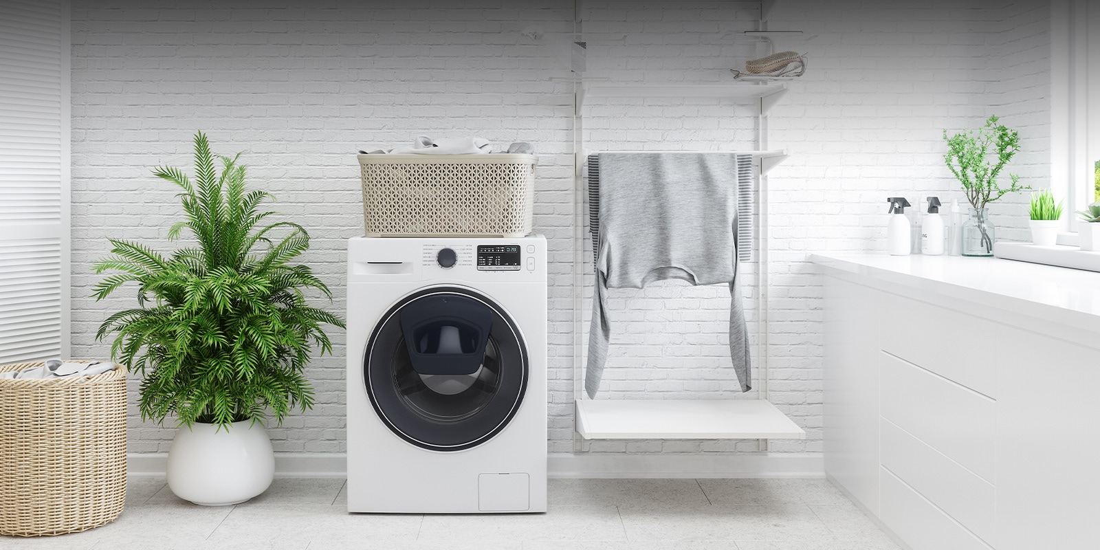 Image with washing machine and drying rack in laundry room