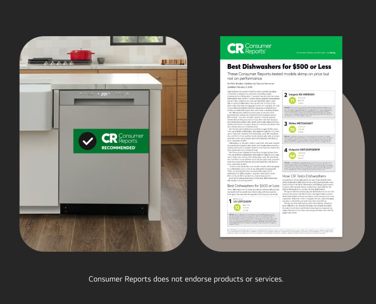 Front control dishwasher with Consumer Reports Best Dishwashers for $500 or Less article. Consumer Reports does not endorse products or services.