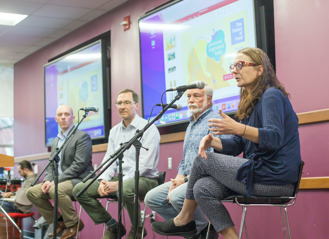 Senior Vice Provost for University Interdisciplinary Programs Rob Dunn and Jason Delborne, Fred Gould, and Jennifer Kuzma of the Genetic Engineering and Society Center talk about genetically engineered foods