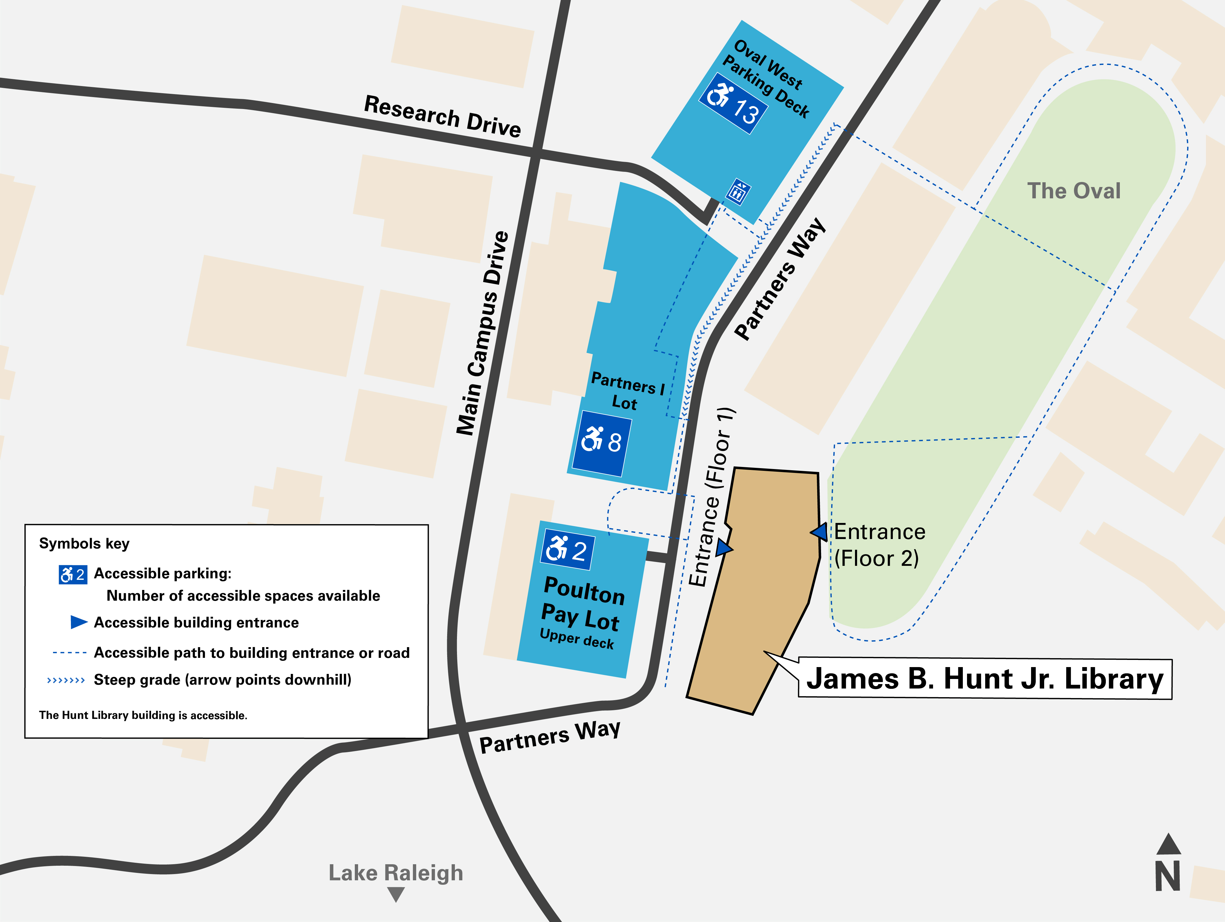 Map of Hunt Library on Partners Way. To the west, Poulton pay lot has 2 accessible spaces available. Just north of that, the Partners 1 Lot has 8 accessible spaces available, and north of that the Oval West parking deck has 13 accessible spaces. There is a steep grade from the Oval West parking deck down to Partners 1 Lot on Partners Way. A more accessible path to the library cuts through the Partners 1 lot, or alternatively crosses Partners Way and cuts through The Oval.